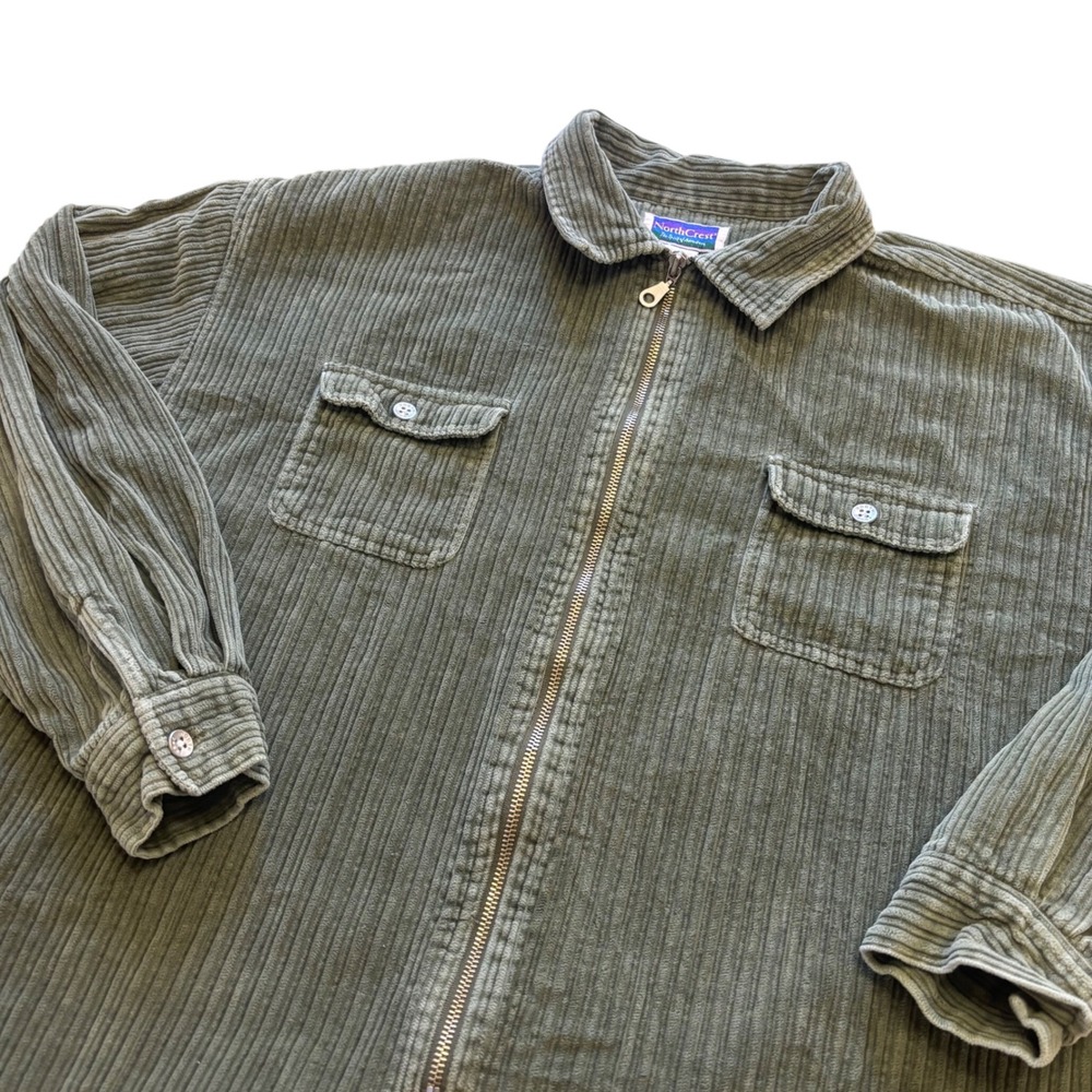 Vtg 90s NorthCrest Olive Green Wide Whale Corduroy Zip Up Shirt Jacket XL
